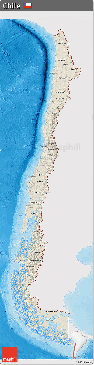 Shaded Relief 3D Map of Chile, single color outside, bathymetry sea, shaded relief sea