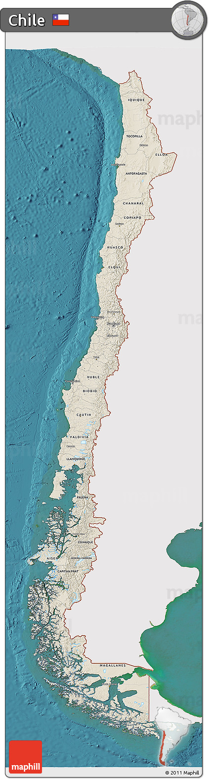 Shaded Relief 3D Map of Chile, single color outside, satellite sea