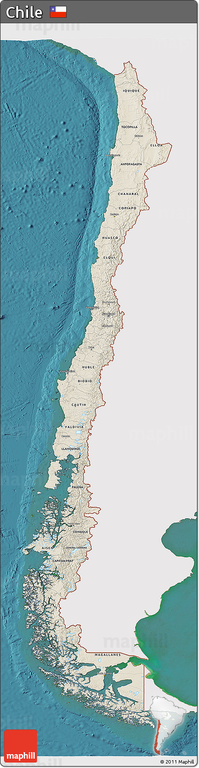 Shaded Relief 3D Map of Chile, single color outside, satellite sea