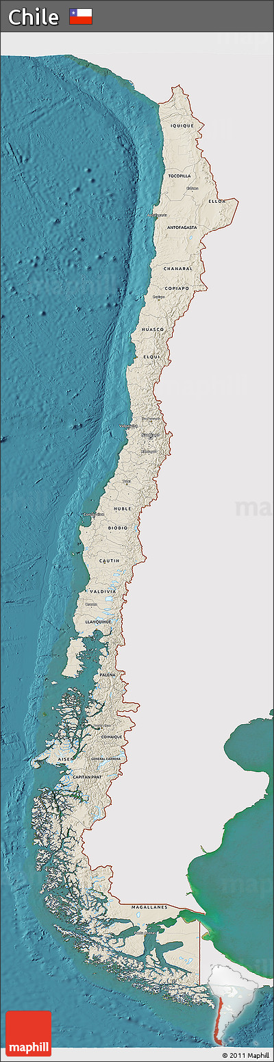 Shaded Relief 3D Map of Chile, single color outside, satellite sea