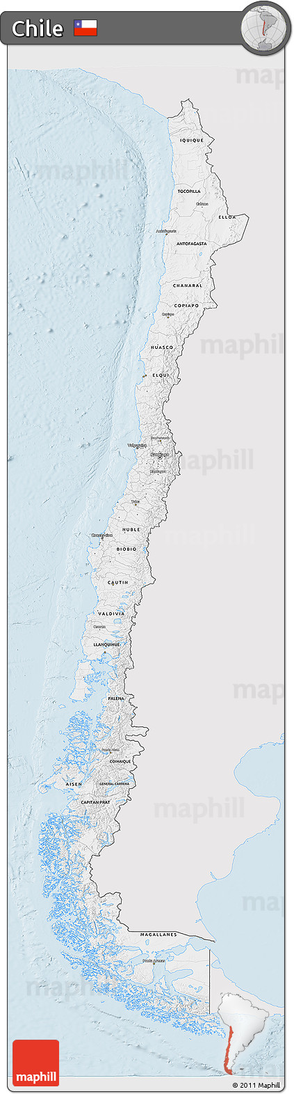 Silver Style 3D Map of Chile, single color outside