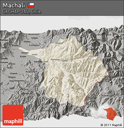 Shaded Relief 3D Map of Machali, darken, semi-desaturated