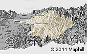 Shaded Relief Panoramic Map of Machali, darken, desaturated