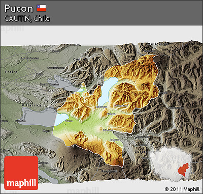 Physical 3D Map of Pucon, darken, semi-desaturated