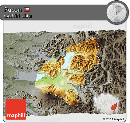 Physical 3D Map of Pucon, darken, semi-desaturated