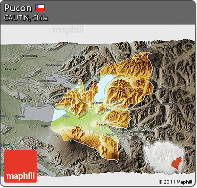 Physical 3D Map of Pucon, darken, semi-desaturated
