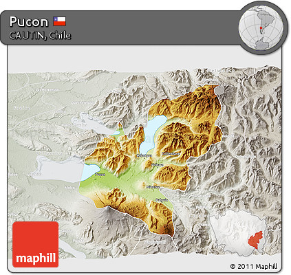 Physical 3D Map of Pucon, lighten, semi-desaturated