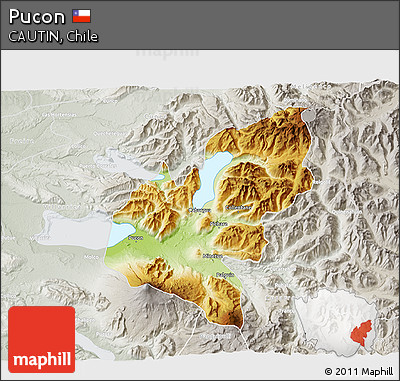 Physical 3D Map of Pucon, lighten, semi-desaturated