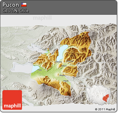 Physical 3D Map of Pucon, lighten, semi-desaturated