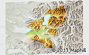 Physical 3D Map of Pucon, lighten, semi-desaturated