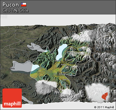 Satellite 3D Map of Pucon, darken, semi-desaturated