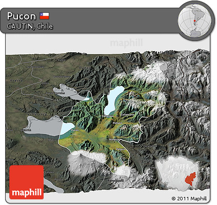 Satellite 3D Map of Pucon, darken, semi-desaturated
