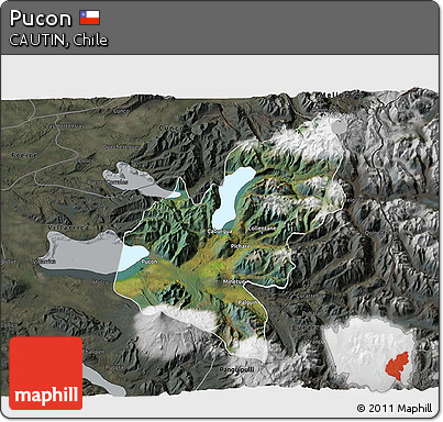 Satellite 3D Map of Pucon, darken, semi-desaturated