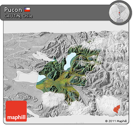 Satellite 3D Map of Pucon, lighten, desaturated