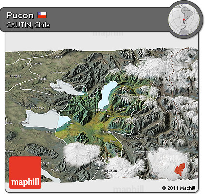 Satellite 3D Map of Pucon, semi-desaturated
