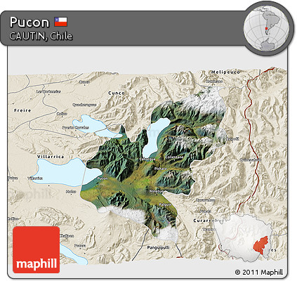 Satellite 3D Map of Pucon, shaded relief outside