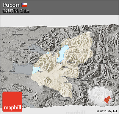 Shaded Relief 3D Map of Pucon, darken, semi-desaturated
