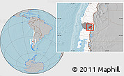 Gray Location Map of Pucon, highlighted country, highlighted parent region, hill shading
