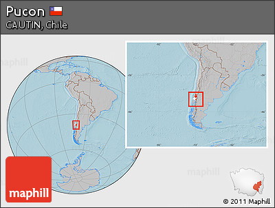 Gray Location Map of Pucon, highlighted parent region, within the entire country, hill shading