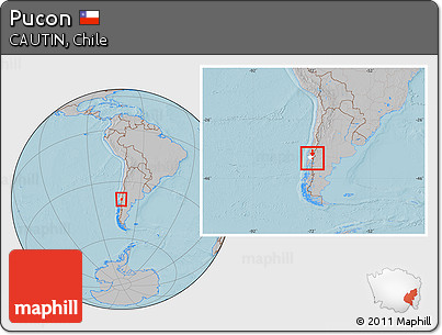 Gray Location Map of Pucon, highlighted parent region, within the entire country, hill shading