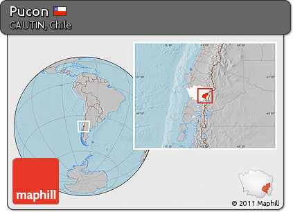 Gray Location Map of Pucon, highlighted parent region, hill shading