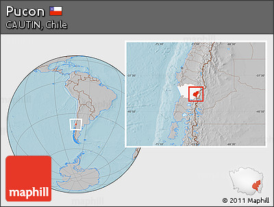 Gray Location Map of Pucon, highlighted parent region, hill shading