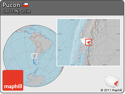 Gray Location Map of Pucon, highlighted parent region, hill shading
