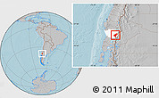 Gray Location Map of Pucon, highlighted parent region, hill shading
