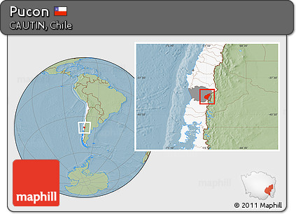 Savanna Style Location Map of Pucon, highlighted country, highlighted parent region, hill shading