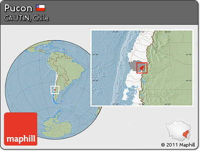 Savanna Style Location Map of Pucon, highlighted country, highlighted parent region, hill shading