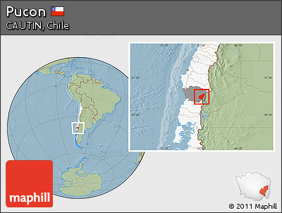Savanna Style Location Map of Pucon, highlighted country, highlighted parent region, hill shading