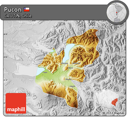 Physical Map of Pucon, lighten, desaturated