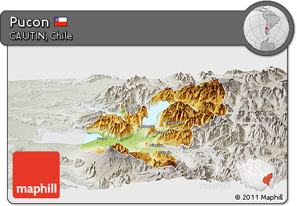 Physical Panoramic Map of Pucon, lighten, semi-desaturated