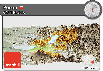 Physical Panoramic Map of Pucon, semi-desaturated