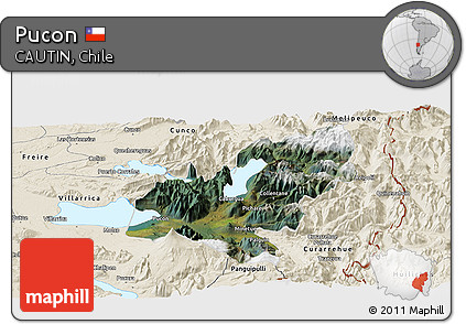Satellite Panoramic Map of Pucon, shaded relief outside