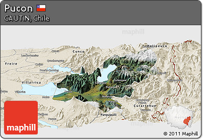 Satellite Panoramic Map of Pucon, shaded relief outside