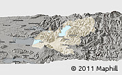 Shaded Relief Panoramic Map of Pucon, darken, semi-desaturated