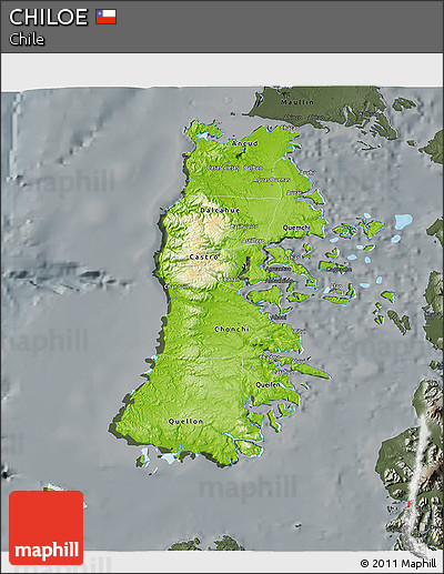 Physical 3D Map of CHILOE, darken, semi-desaturated