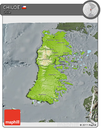 Physical 3D Map of CHILOE, darken, semi-desaturated