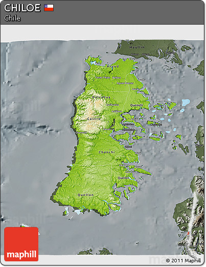 Physical 3D Map of CHILOE, darken, semi-desaturated