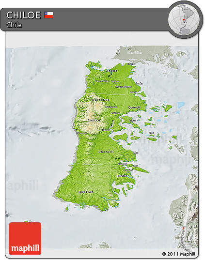 Physical 3D Map of CHILOE, lighten, semi-desaturated
