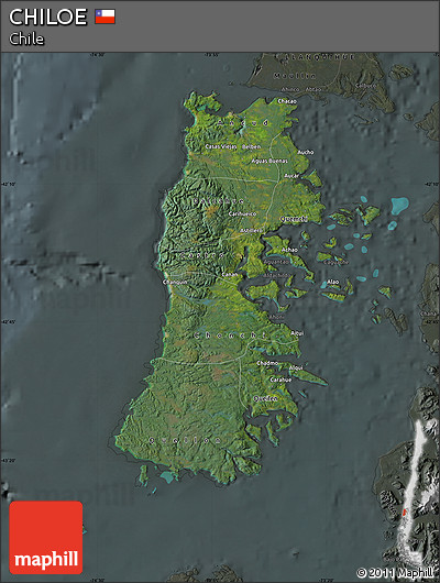 Satellite Map of CHILOE, darken, semi-desaturated