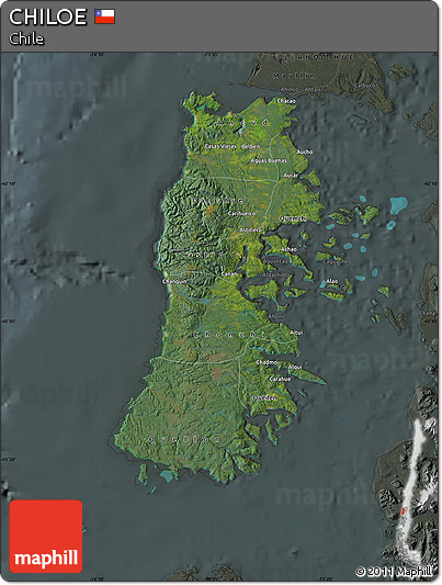 Satellite Map of CHILOE, darken, semi-desaturated