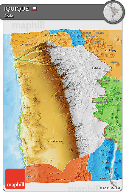 Physical 3D Map of IQUIQUE, political shades outside