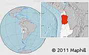 Gray Location Map of IQUIQUE, highlighted country, hill shading