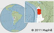 Savanna Style Location Map of IQUIQUE, highlighted country, hill shading