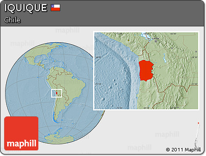 Savanna Style Location Map of IQUIQUE, hill shading