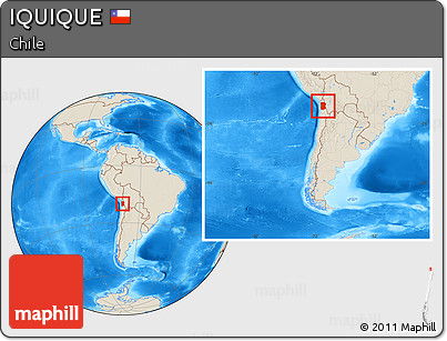 Shaded Relief Location Map of IQUIQUE, within the entire country