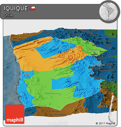 Political Panoramic Map of IQUIQUE, darken
