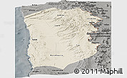 Shaded Relief Panoramic Map of IQUIQUE, darken, semi-desaturated